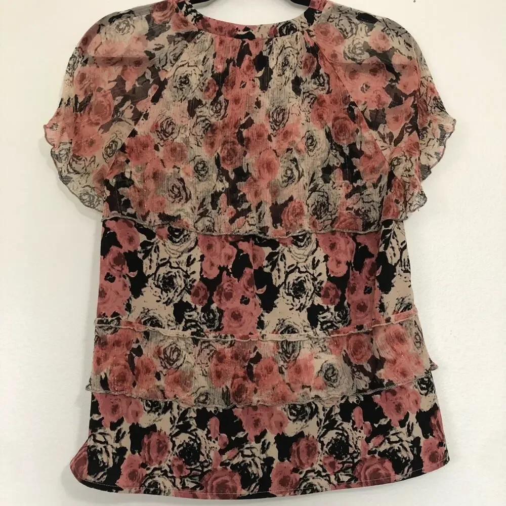 Lucky Brand Ruffled Rose Print Top Lace Up Tiered